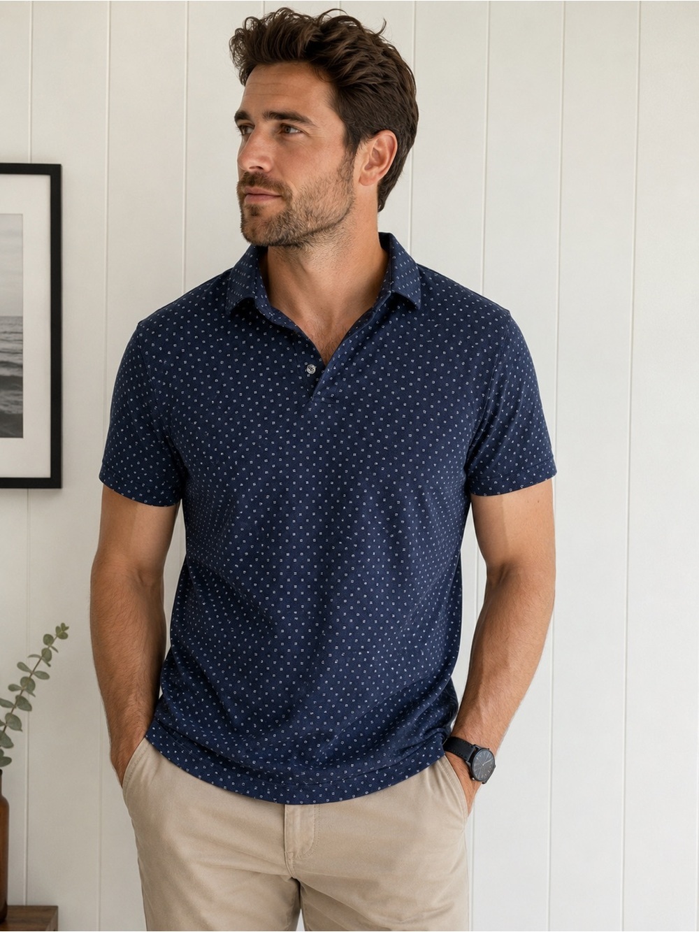 RW&CO Navy Geometric Print Polo Shirt Men’s Small Cotton Casual Golf Office